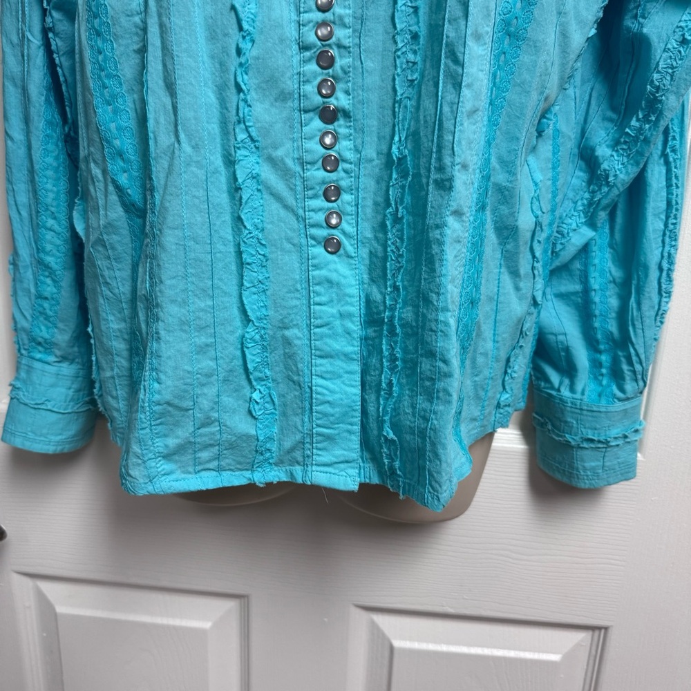 Scully Western Blouse Size L Blue Turquoise Lace Stripe Ruffled Long Sleeve - Picture 7 of 13
